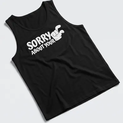 Bold typography with a cartoon muscle flexing arm on a humorous t-shirt. — printed on a tank top