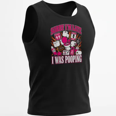 Colorful cartoon shirt with humorous toilet-themed design and text — printed on a tank top