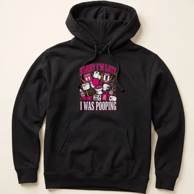 Colorful cartoon shirt with humorous toilet-themed design and text — printed on a unisex hoodie