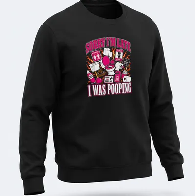 Colorful cartoon shirt with humorous toilet-themed design and text — printed on a unisex sweatshirt
