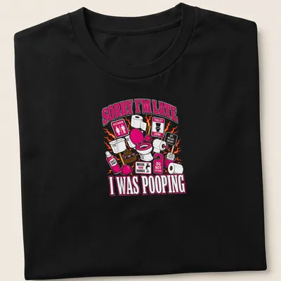 Colorful cartoon shirt with humorous toilet-themed design and text