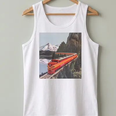 Vintage illustration of a red Southern Pacific train by Lake Shasta — printed on a tank top