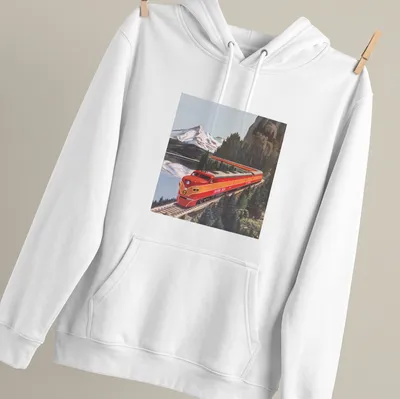 Vintage illustration of a red Southern Pacific train by Lake Shasta — printed on a unisex hoodie
