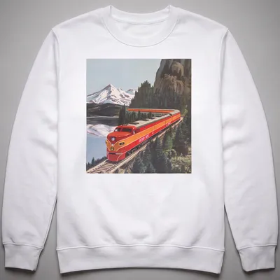 Vintage illustration of a red Southern Pacific train by Lake Shasta — printed on a unisex sweatshirt