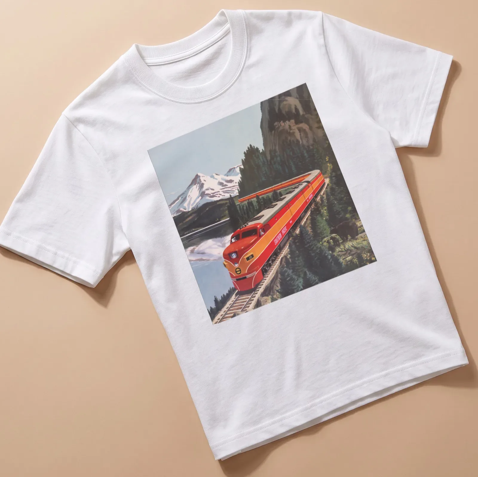Vintage illustration of a red Southern Pacific train by Lake Shasta — printed on a unisex t-shirt