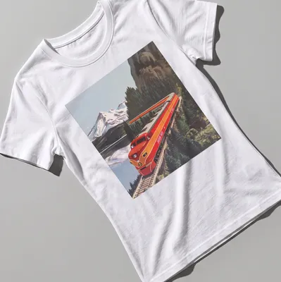 Vintage illustration of a red Southern Pacific train by Lake Shasta — printed on a women's shirt