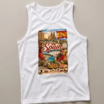 Vintage travel poster style T-shirt featuring Spanish culture elements — printed on a tank top