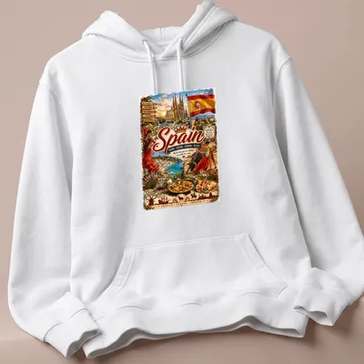 Vintage travel poster style T-shirt featuring Spanish culture elements — printed on a unisex hoodie