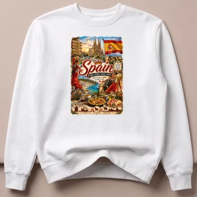 Vintage travel poster style T-shirt featuring Spanish culture elements — printed on a unisex sweatshirt