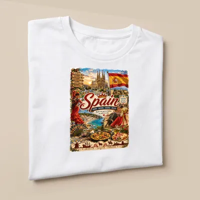 Vintage travel poster style T-shirt featuring Spanish culture elements — printed on a unisex t-shirt (angled view)