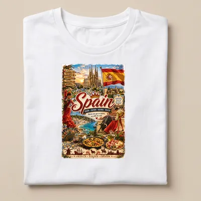 Vintage travel poster style T-shirt featuring Spanish culture elements