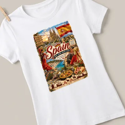Vintage travel poster style T-shirt featuring Spanish culture elements — printed on a women's shirt