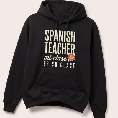 Retro t-shirt for Spanish teachers with vibrant, playful text. — printed on a unisex hoodie