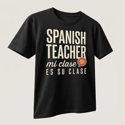 Retro t-shirt for Spanish teachers with vibrant, playful text. — printed on a unisex t-shirt (angled view)
