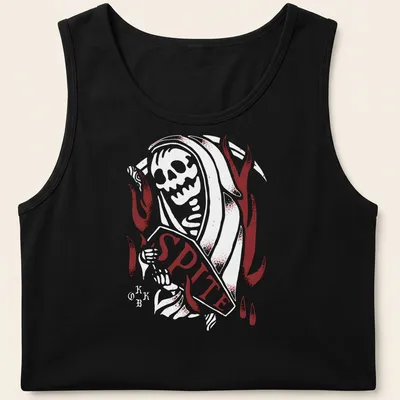 Gothic Spite band logo t-shirt featuring a skull and antlers in red, black, and white — printed on a tank top