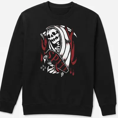 Gothic Spite band logo t-shirt featuring a skull and antlers in red, black, and white — printed on a unisex sweatshirt