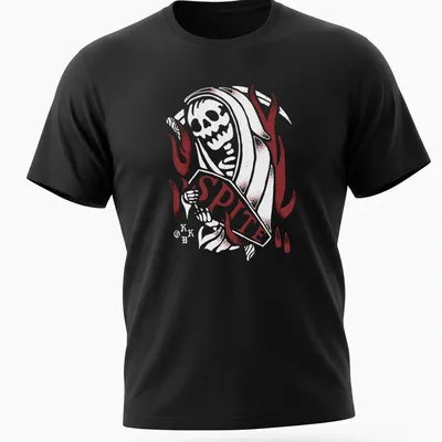 Gothic Spite band logo t-shirt featuring a skull and antlers in red, black, and white