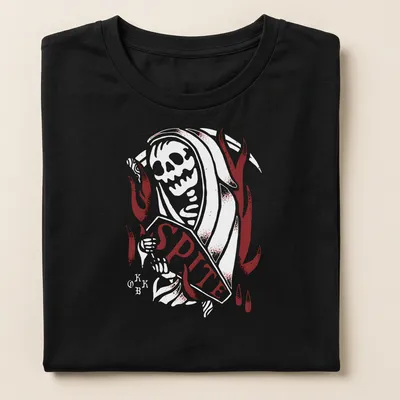 Gothic Spite band logo t-shirt featuring a skull and antlers in red, black, and white — printed on a women's shirt