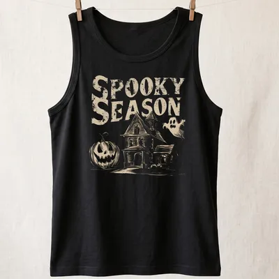 Vintage haunted house, pumpkin, and ghost graphic with text 'Spooky Season' in beige, white, and black. — printed on a tank top