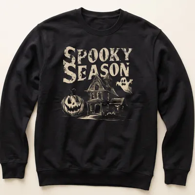 Vintage haunted house, pumpkin, and ghost graphic with text 'Spooky Season' in beige, white, and black. — printed on a unisex sweatshirt