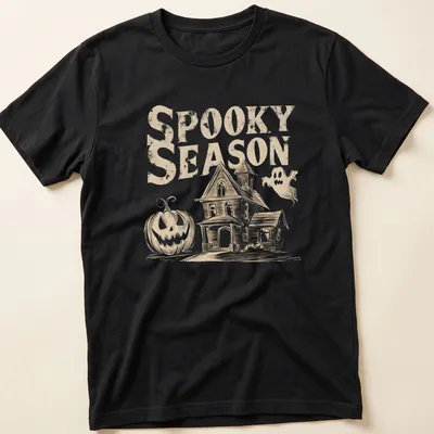 Vintage haunted house, pumpkin, and ghost graphic with text 'Spooky Season' in beige, white, and black.