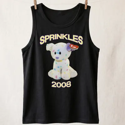 Cute cartoon plush dog with pastel colors and 'SPRINKLES 2008' text — printed on a tank top