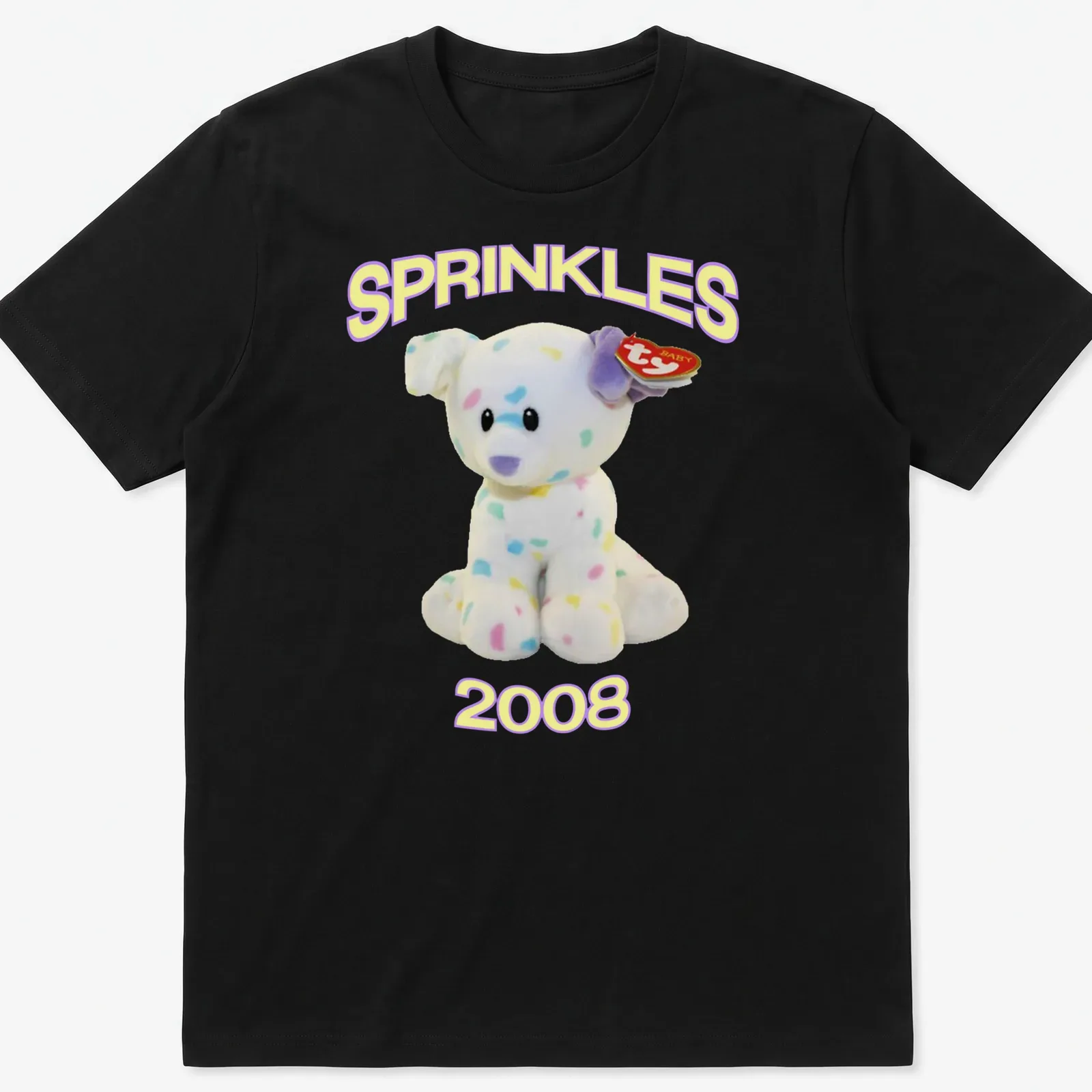 Cute cartoon plush dog with pastel colors and 'SPRINKLES 2008' text — printed on a unisex t-shirt