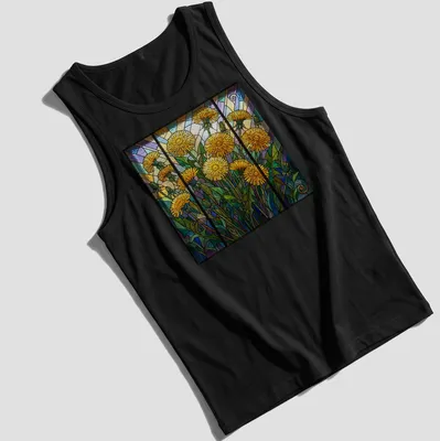 Stained glass style print of colorful dandelions in yellow, green, blue, purple, and orange — printed on a tank top