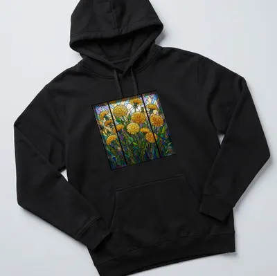 Stained glass style print of colorful dandelions in yellow, green, blue, purple, and orange — printed on a unisex hoodie