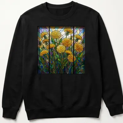 Stained glass style print of colorful dandelions in yellow, green, blue, purple, and orange — printed on a unisex sweatshirt