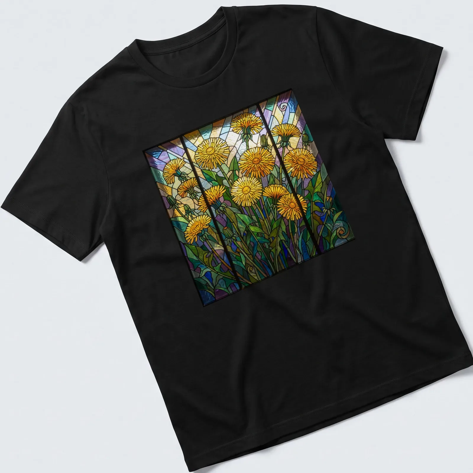 Stained glass style print of colorful dandelions in yellow, green, blue, purple, and orange — printed on a unisex t-shirt