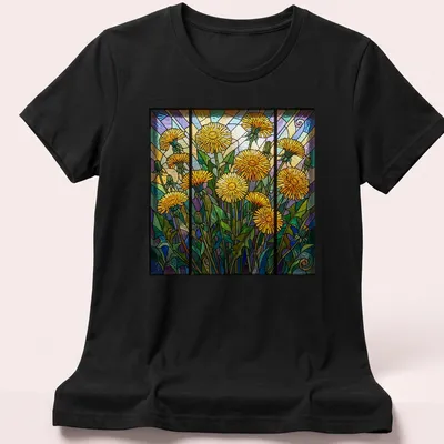 Stained glass style print of colorful dandelions in yellow, green, blue, purple, and orange — printed on a women's shirt