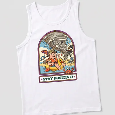 Vintage cartoon t-shirt showing a child in a duck float during a tornado with the text Stay Positive! — printed on a tank top