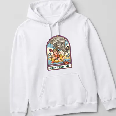Vintage cartoon t-shirt showing a child in a duck float during a tornado with the text Stay Positive! — printed on a unisex hoodie