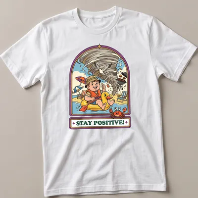 Vintage cartoon t-shirt showing a child in a duck float during a tornado with the text Stay Positive!