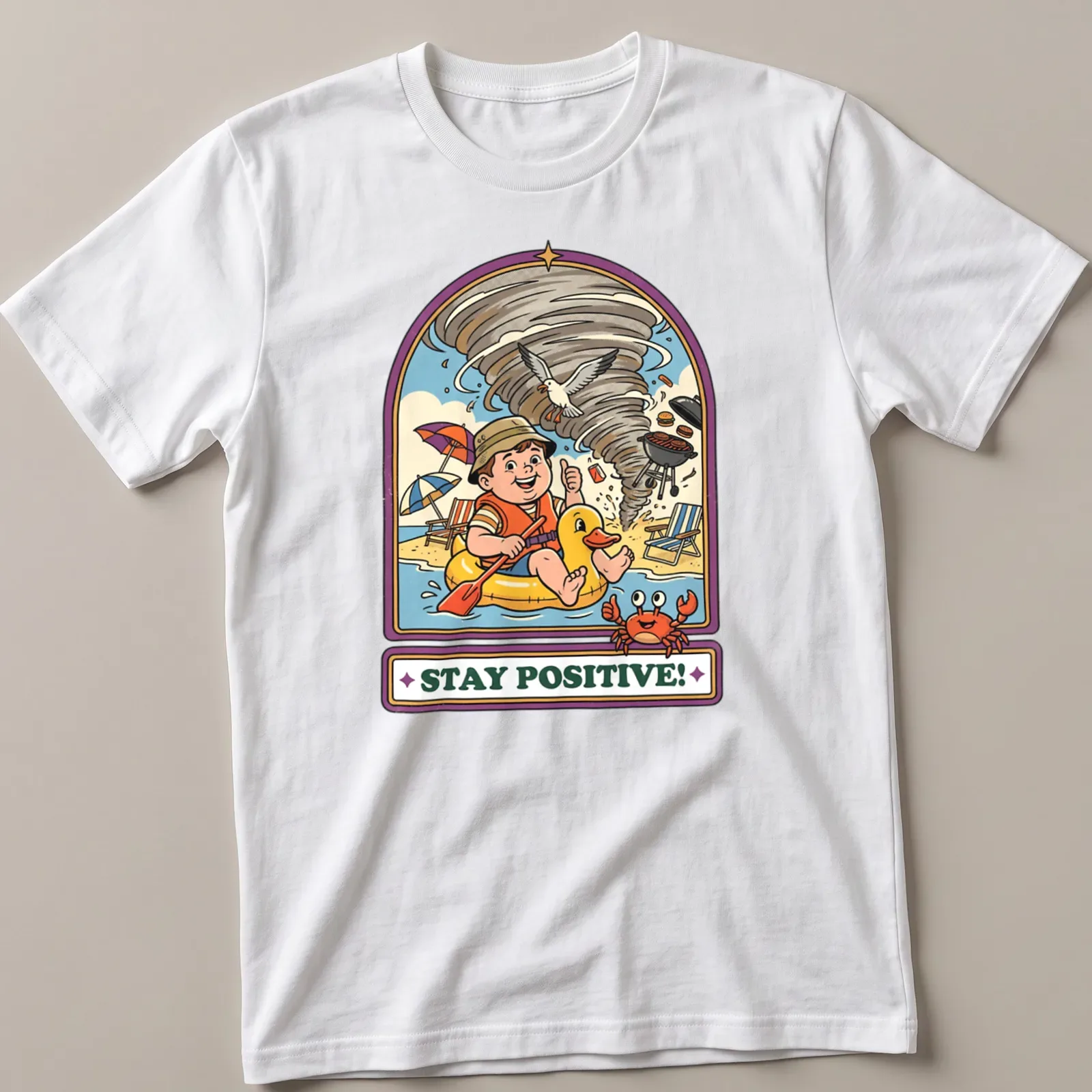 Vintage cartoon t-shirt showing a child in a duck float during a tornado with the text Stay Positive! — printed on a unisex t-shirt
