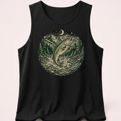Vintage illustration of a steelhead fish in green, black, cream, and blue hues. — printed on a tank top