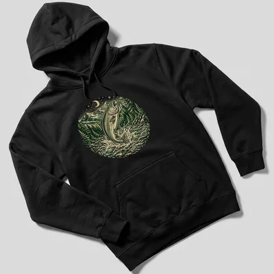 Vintage illustration of a steelhead fish in green, black, cream, and blue hues. — printed on a unisex hoodie