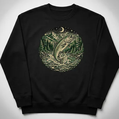 Vintage illustration of a steelhead fish in green, black, cream, and blue hues. — printed on a unisex sweatshirt