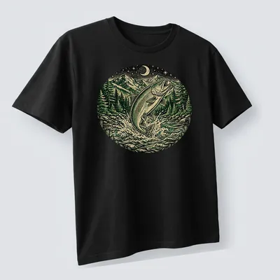 Vintage illustration of a steelhead fish in green, black, cream, and blue hues. — printed on a unisex t-shirt (angled view)