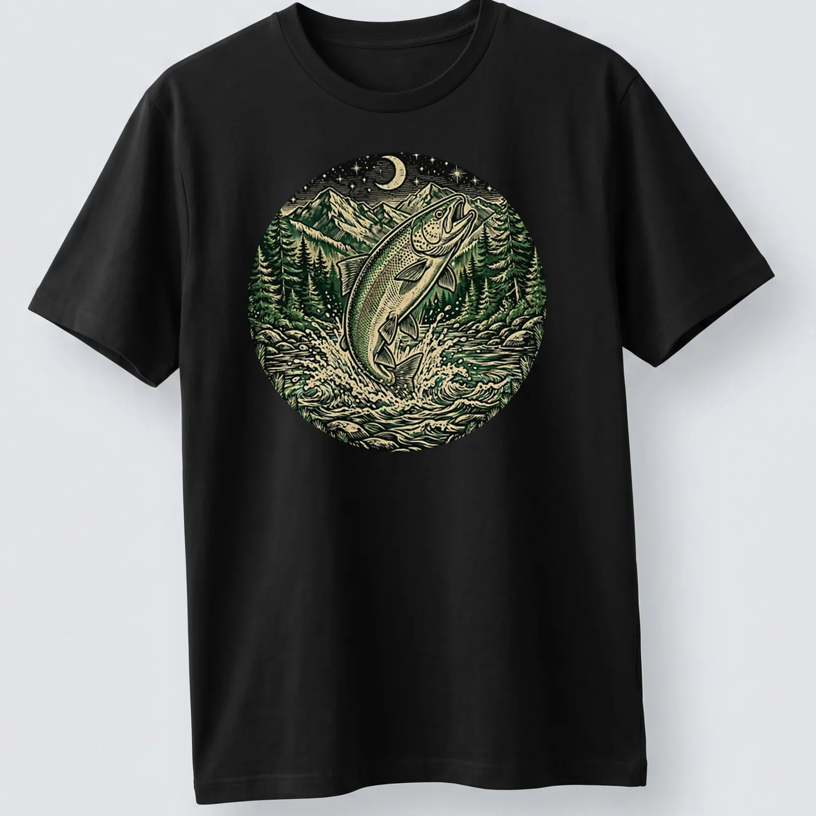 Vintage illustration of a steelhead fish in green, black, cream, and blue hues. — printed on a unisex t-shirt