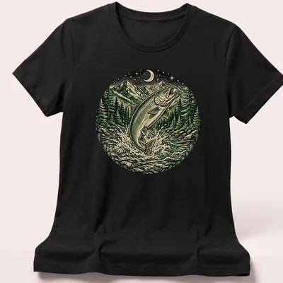 Vintage illustration of a steelhead fish in green, black, cream, and blue hues. — printed on a women's shirt
