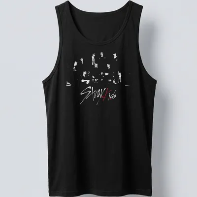 Retro vintage Stray Kids t-shirt featuring group characters in black, white, and red. — printed on a tank top