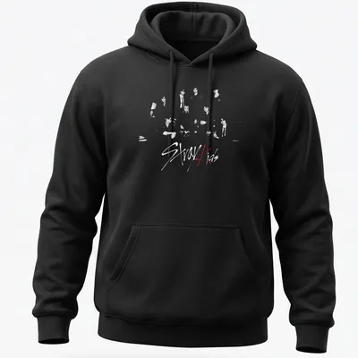 Retro vintage Stray Kids t-shirt featuring group characters in black, white, and red. — printed on a unisex hoodie