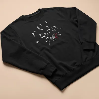 Retro vintage Stray Kids t-shirt featuring group characters in black, white, and red. — printed on a unisex sweatshirt