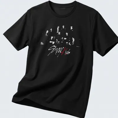 Retro vintage Stray Kids t-shirt featuring group characters in black, white, and red.