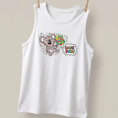 Cartoon koala holding a giant lollipop with colorful graphics and the text SUGAR RUSH! — printed on a tank top