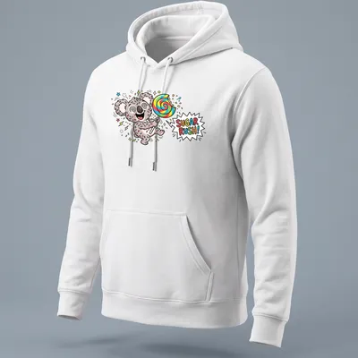 Cartoon koala holding a giant lollipop with colorful graphics and the text SUGAR RUSH! — printed on a unisex hoodie
