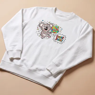 Cartoon koala holding a giant lollipop with colorful graphics and the text SUGAR RUSH! — printed on a unisex sweatshirt