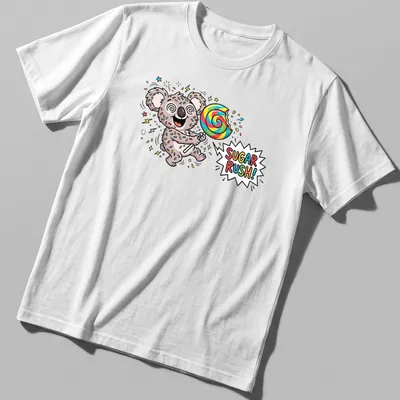 Cartoon koala holding a giant lollipop with colorful graphics and the text SUGAR RUSH!